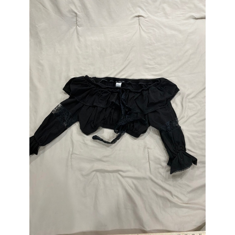 Voice Black Lace Off Shoulder Crop Top Peasant Boho Ruffle Blouse Large